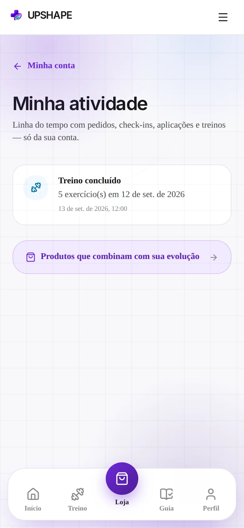 Tela real de evolução na UPSHAPE, com histórico e sequência de treinos