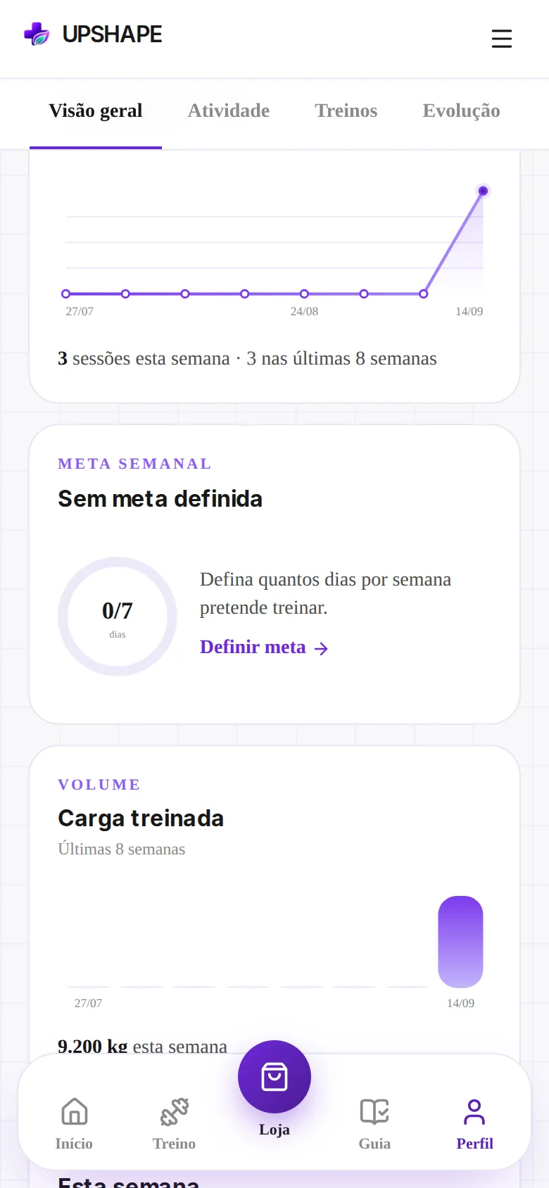 Tela real de Perfil da UPSHAPE, com atividade, treinos e evolução