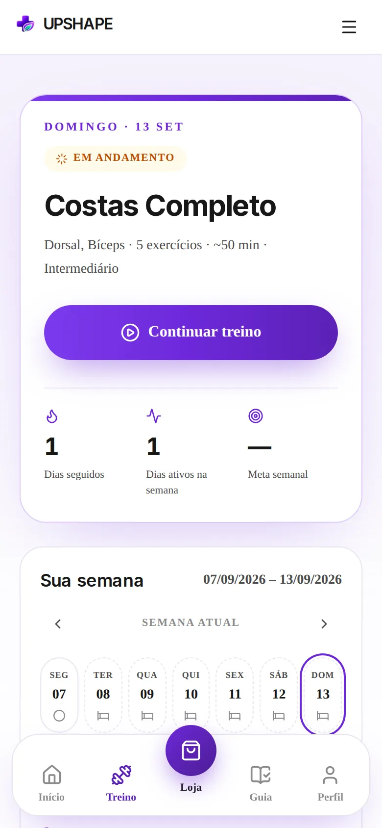 Tela real de Treinos da UPSHAPE, com a semana e a meta de treino
